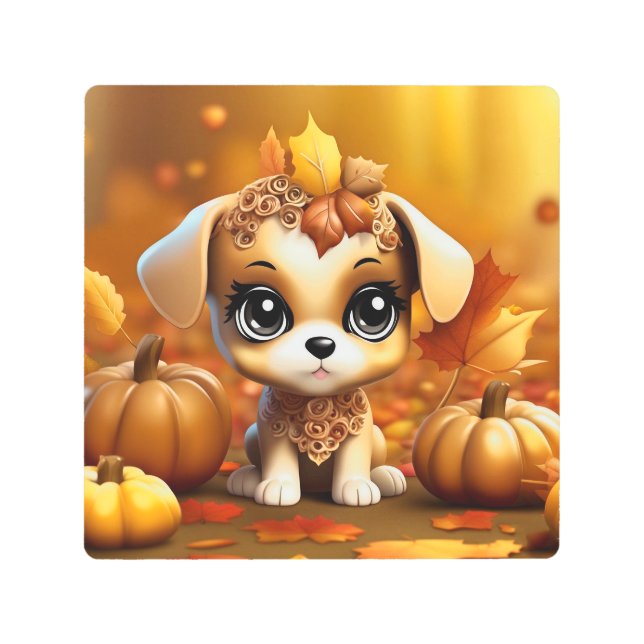 秋のカボチャの子犬 メタルプリント (正面)