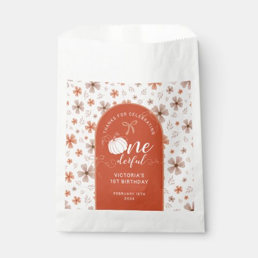 秋のカボチャの弓オレンジの花のアーチ誕生日 フェイバーバッグ (正面)