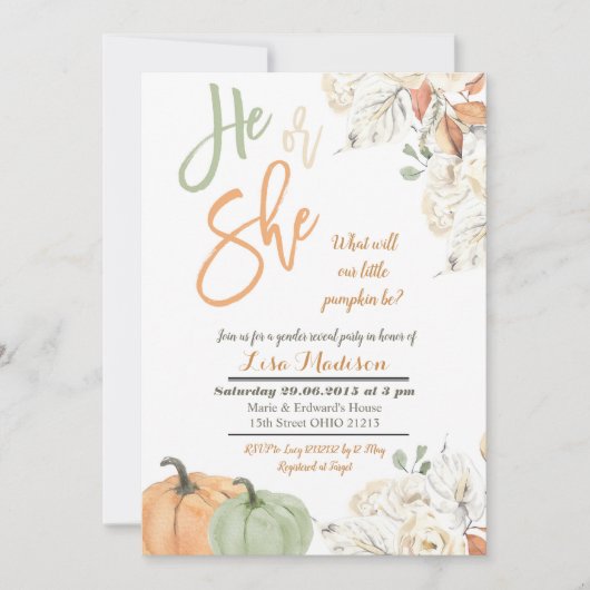 秋のカボチャの性別発表カード招待 招待状 (正面)