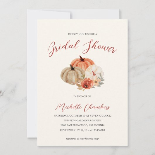 秋のカボチャの花エレガントブライダルシャワー 招待状 (正面)