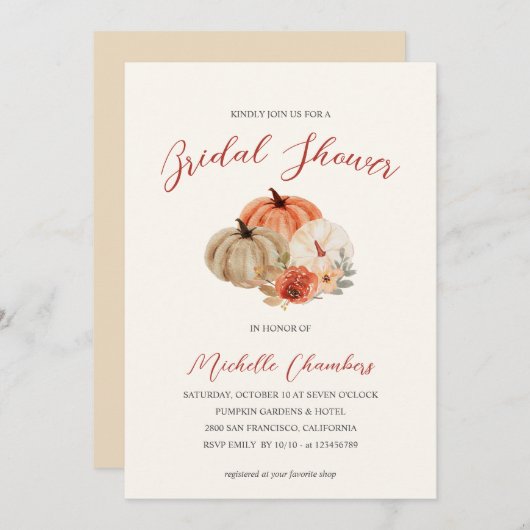秋のカボチャの花エレガントブライダルシャワー 招待状 (正面/裏面)