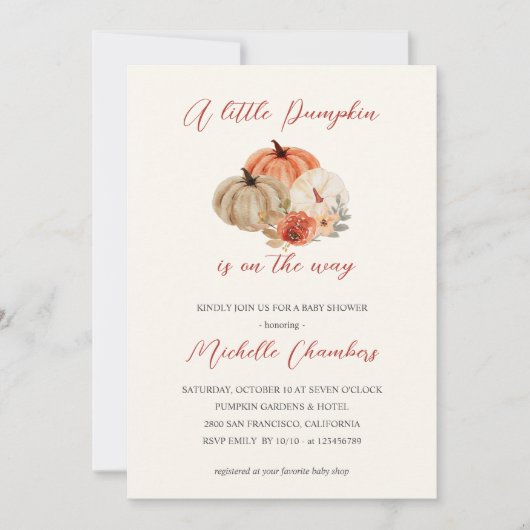 秋のカボチャの花エレガント赤ちゃんシャワー 招待状 (正面)
