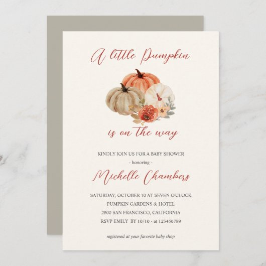 秋のカボチャの花エレガント赤ちゃんシャワー 招待状 (正面/裏面)