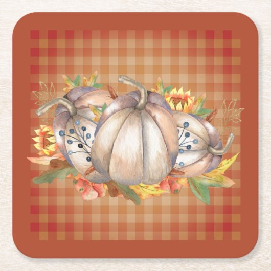 秋のカボチャの花束 スクエアペーパーコースター (正面)