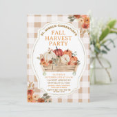 秋のカボチャの花柄ギンガム秋の収穫パーティー 招待状 (スタンド正面)