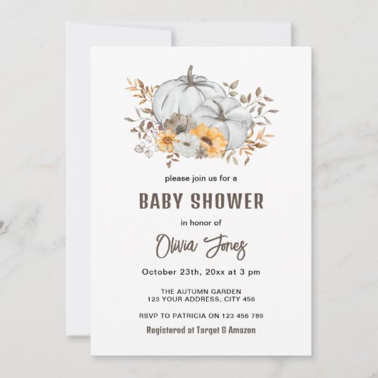 秋のカボチャの赤ちゃんシャワー 招待状 (正面)