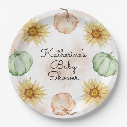秋のカボチャひまわり赤ちゃんシャワー ペーパープレート (正面)