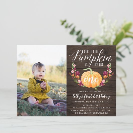 秋のカボチャカスタムの年齢の誕生日パーティーの写真 招待状 (スタンド正面)