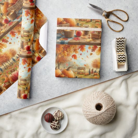 秋のカボチャパッチオレンジ離れ色 ラッピングペーパー (クラフト)
