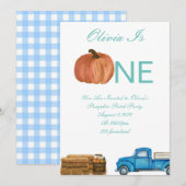 秋のカボチャパッチ1歳の誕生日パーティーカード セーブザデート (正面/裏面)