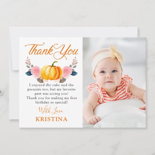 秋のカボチャピンクフローラ秋誕生日写真 サンキューカード (正面)