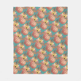 秋のカボチャフローラテラコッタオレンジとティール（緑がかった色） フリースブランケット