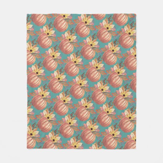 秋のカボチャフローラテラコッタオレンジとティール（緑がかった色） フリースブランケット (正面)