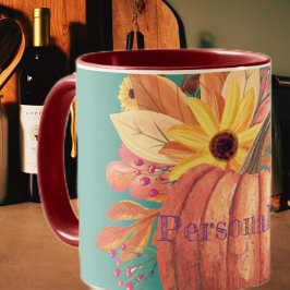 秋のカボチャフローラテラコッタオレンジとティール（緑がかった色） マグカップ