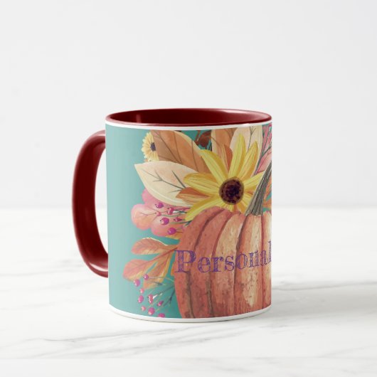 秋のカボチャフローラテラコッタオレンジとティール（緑がかった色） マグカップ (正面左)