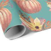 秋のカボチャフローラテラコッタオレンジとティール(緑がかった色) ラッピングペーパー (ロールコーナー)