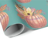 秋のカボチャフローラテラコッタオレンジとティール(緑がかった色) ラッピングペーパー (ロールコーナー)