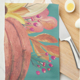 秋のカボチャフローラテラコッタオレンジティール（緑がかった色） キッチンタオル