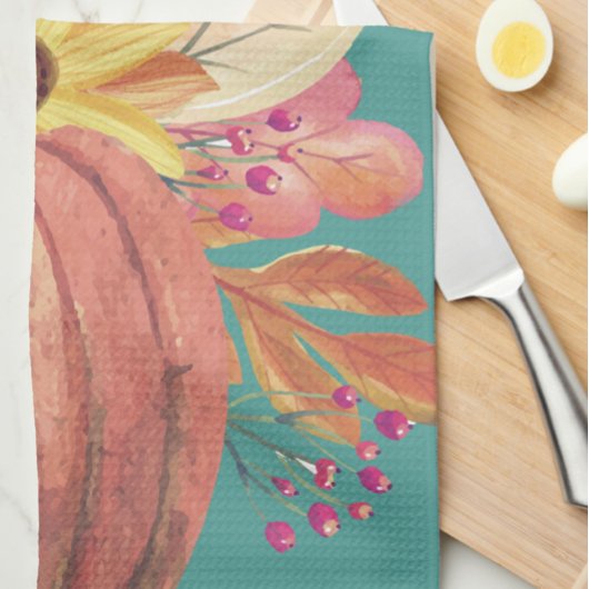 秋のカボチャフローラテラコッタオレンジティール(緑がかった色) キッチンタオル