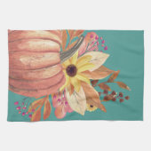 秋のカボチャフローラテラコッタオレンジティール(緑がかった色) キッチンタオル (横)