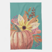 秋のカボチャフローラテラコッタオレンジティール(緑がかった色) キッチンタオル (縦)