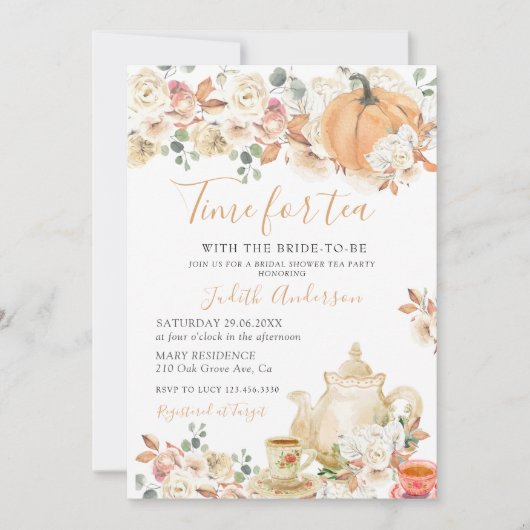 秋のカボチャフローラ時間のためのお茶ブライダルシャワー 招待状 (正面)