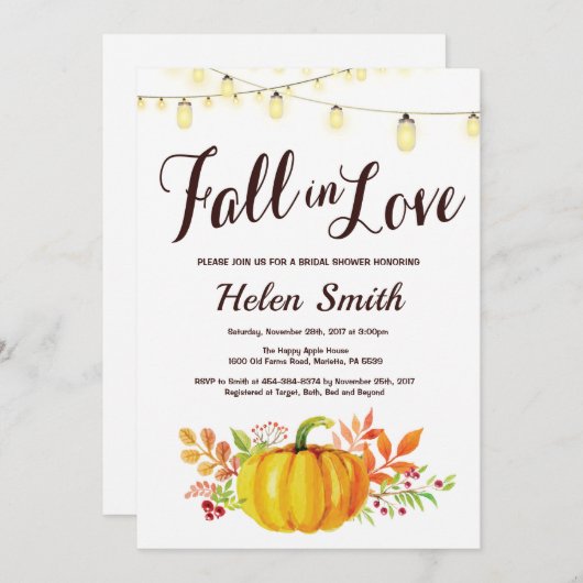 秋のカボチャブライダルシャワーの招待状 招待状 (正面/裏面)