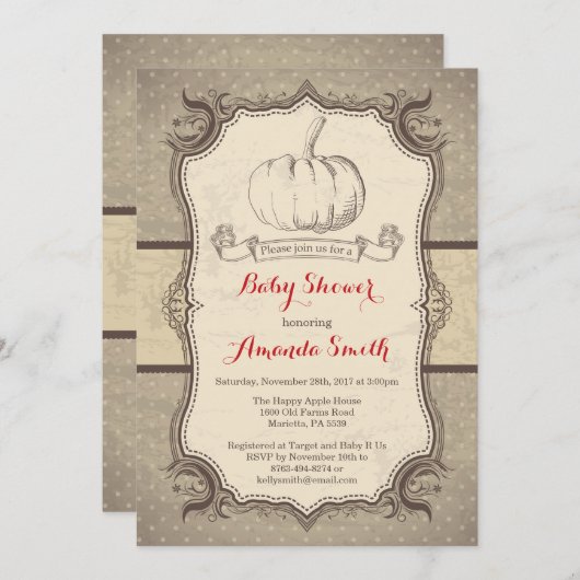 秋のカボチャベビーシャワーの招待状のヴィンテージのレトロ 招待状 (正面/裏面)