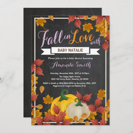 秋のカボチャ女の子の紫色のベビーシャワーの招待 招待状 (正面/裏面)