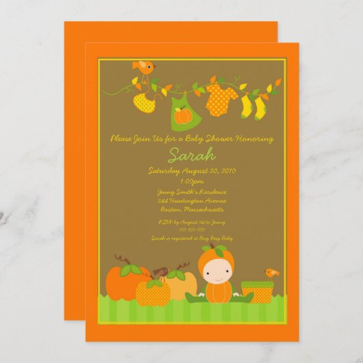 秋のカボチャ女の子のClotheslineのベビーシャワーの招待 招待状 (正面/裏面)
