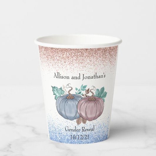 秋のカボチャ性別がピンクの青を明らかにするグリッター 紙コップ (裏面)