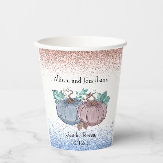 秋のカボチャ性別がピンクの青を明らかにするグリッター 紙コップ (正面)