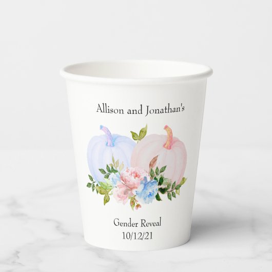 秋のカボチャ性別でピンクのブルーを表示 紙コップ (裏面)