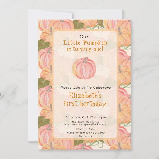 秋のカボチャ最初の誕生日カスタム写真 招待状 (正面)