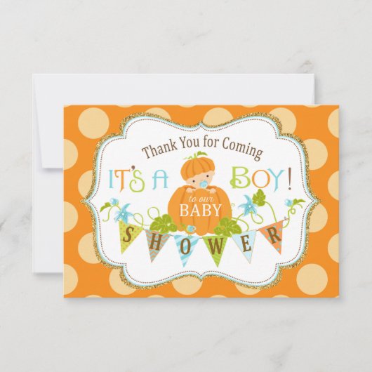 秋のカボチャ男の子の金ゴールドのグリッターは感謝していしています サンキューカード (正面)