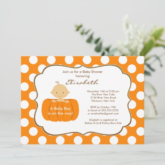 秋のカボチャ男の赤ちゃんのシャワーの招待状 招待状 (スタンド正面)