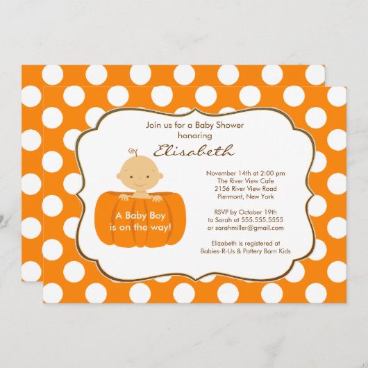 秋のカボチャ男の赤ちゃんのシャワーの招待状 招待状 (正面/裏面)