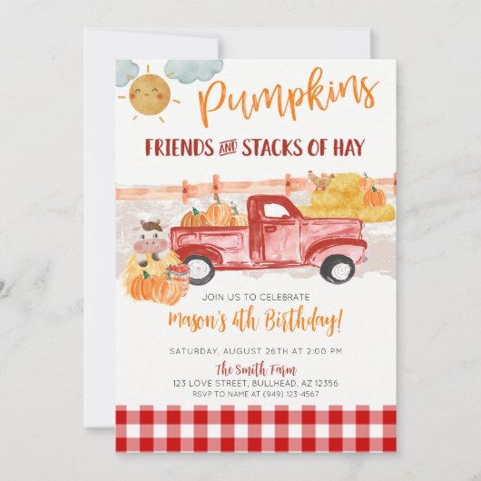 秋のカボチャ畑 オールド ヴィンテージ トラック 誕生日 招待状 (正面)