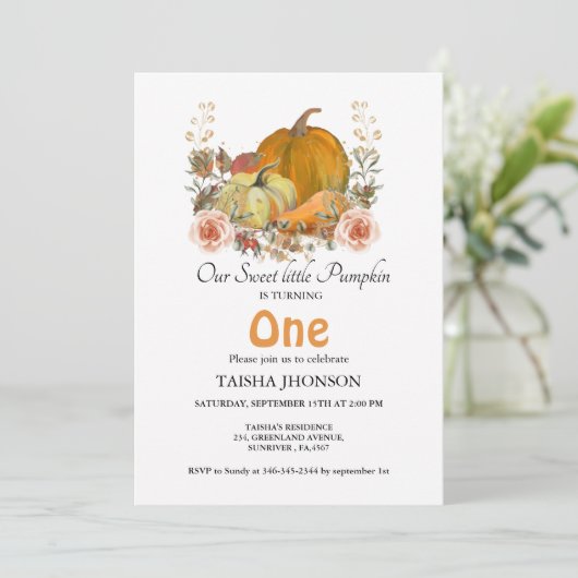 秋のカボチャ秋の最初の誕生日パーティー 招待状 (スタンド正面)