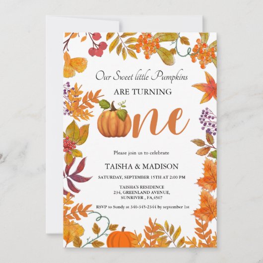 秋のカボチャ秋ツインズ最初の誕生日パーティー 招待状 (正面)