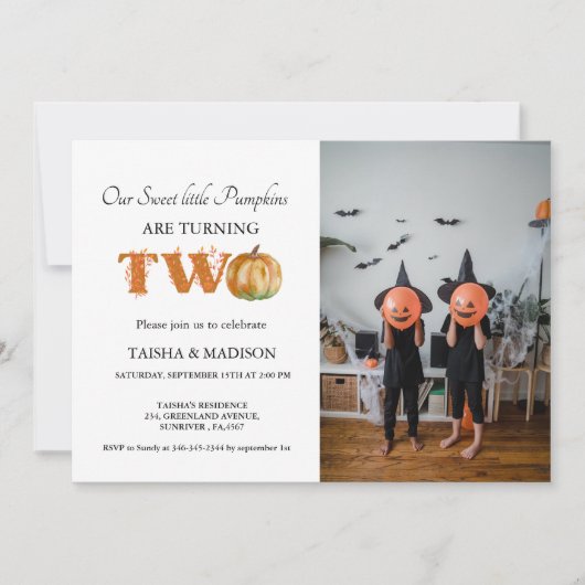 秋のカボチャ秋ツインズ2nd誕生日パーティーイン 招待状 (正面)