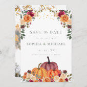 秋のカボチャ秋花模様写真の保存日付 招待状 (正面/裏面)