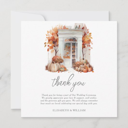 秋のカボチャ結婚のホワイトフロントドア サンキューカード (正面)