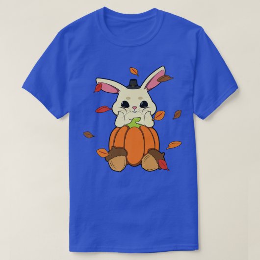 秋のカボチャ葉で落ちるウサギ Tシャツ (デザイン正面)