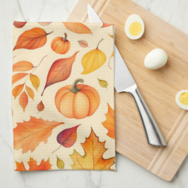秋のカボチャ葉の水彩 キッチンタオル