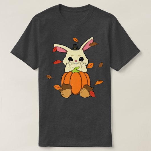 秋のカボチャ葉のTシャツに落ちるウサギ Tシャツ (デザイン正面)