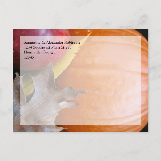 秋のカボチャ、アップル秋の結婚式日付を保存 案内ポストカード (裏面)