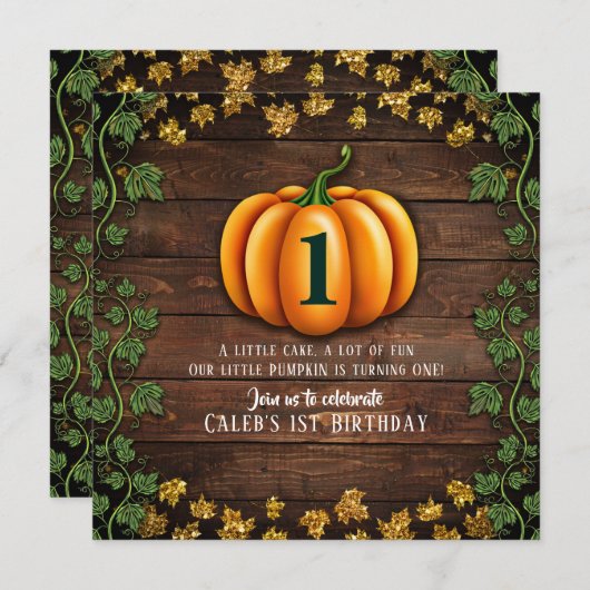 秋のカボチャ ラスティック グリーンとゴールドのイvy 誕生日 招待状 (正面/裏面)