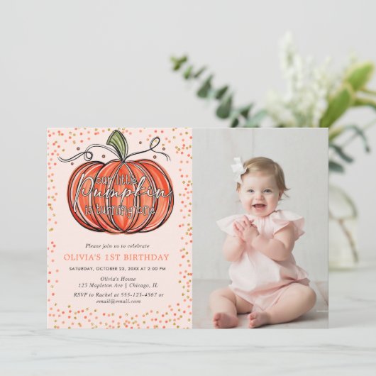 秋のカボチャ 私たちの小さな子は1歳になる フォト 招待状 (スタンド正面)