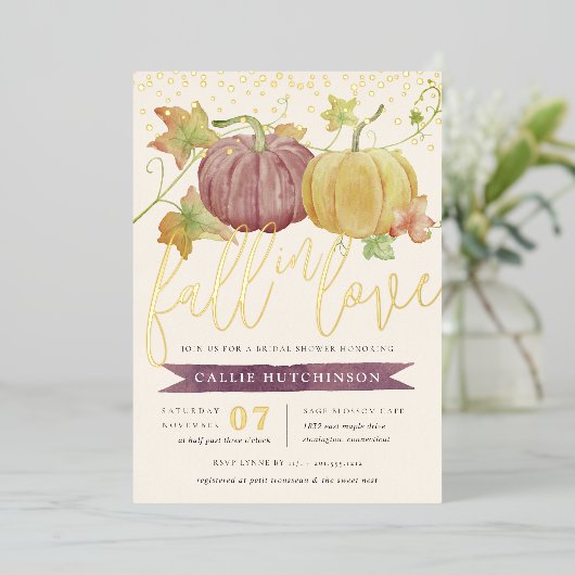 秋のカボチャ |秋ブライダルシャワー 箔招待状 (立ち正面)